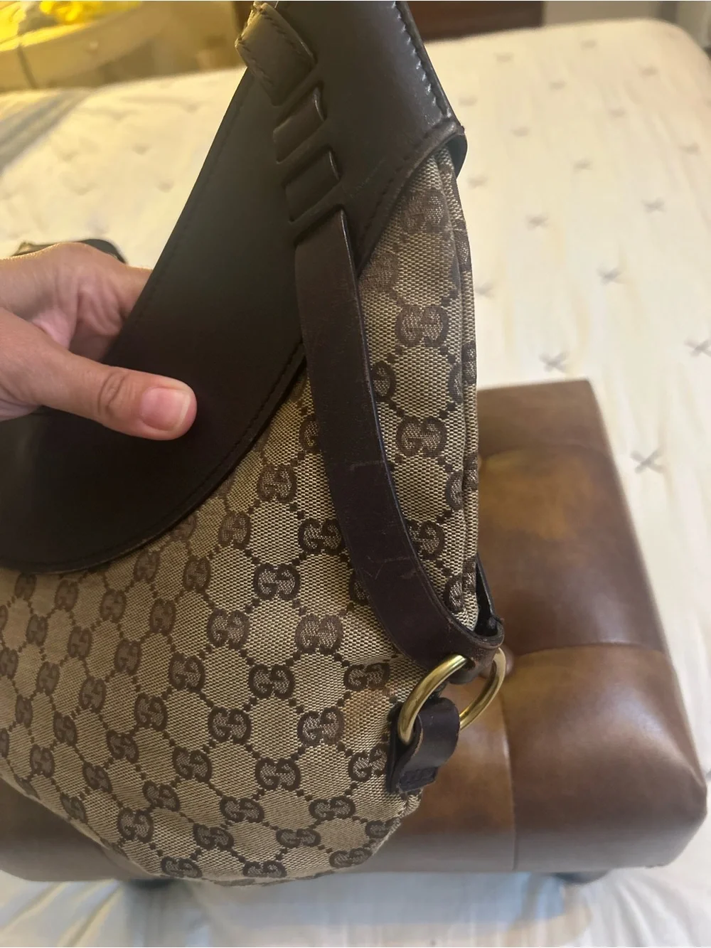 Rare & Authentic Vintage Gucci Beige Brown GG Canvas Crescent Hobo Bag